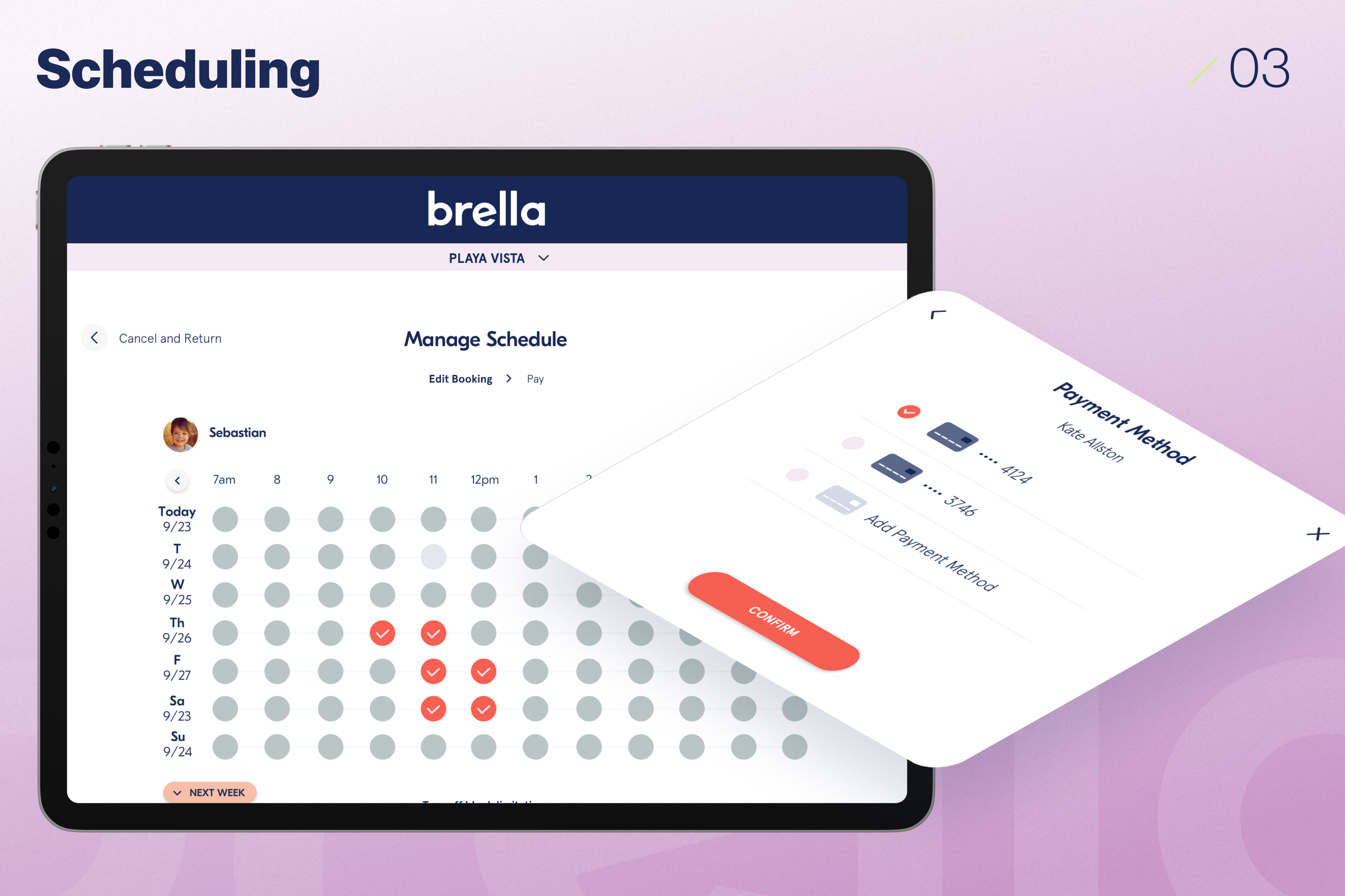 Scheduling — manage hours, users, and payment methods