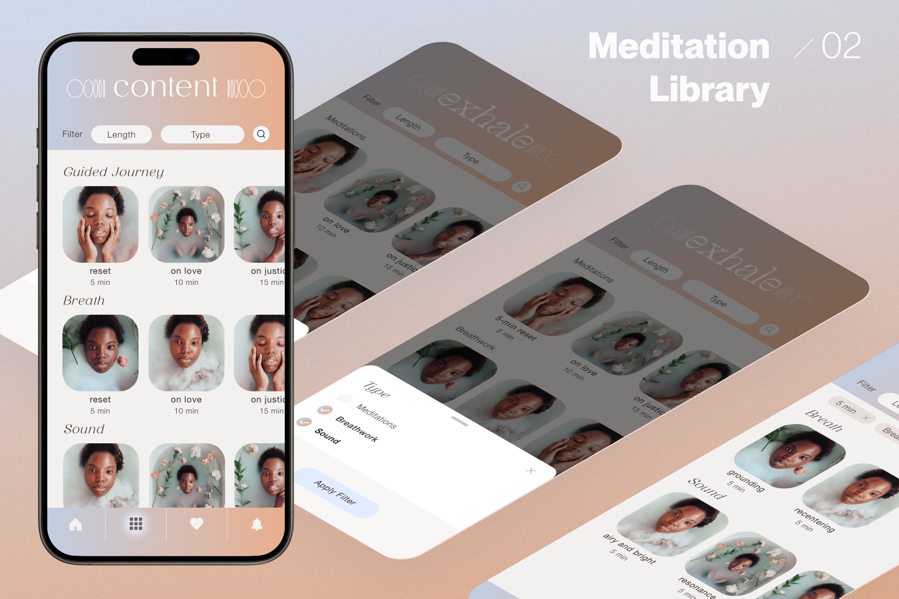 Meditation library — content by Guided Journey, Breath, Sound with filters