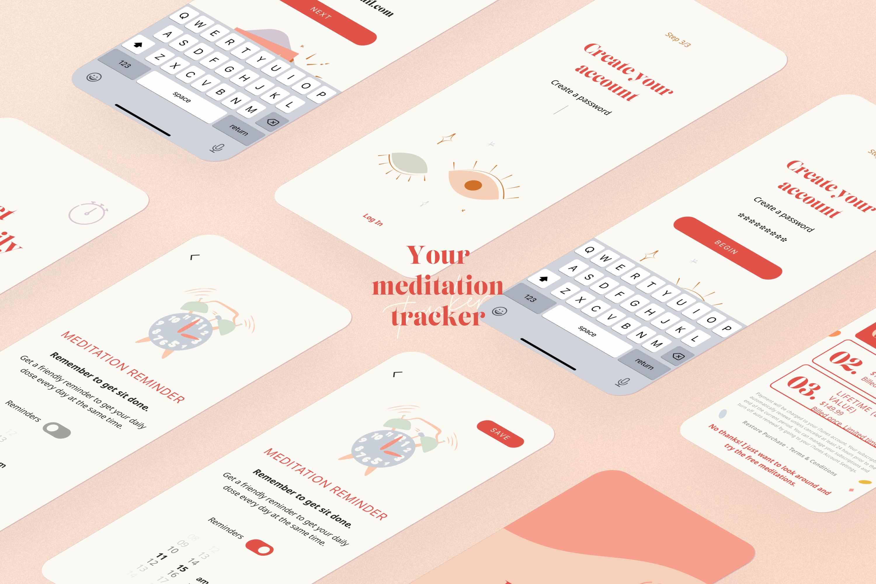 Onboarding — password, meditation reminder, subscription