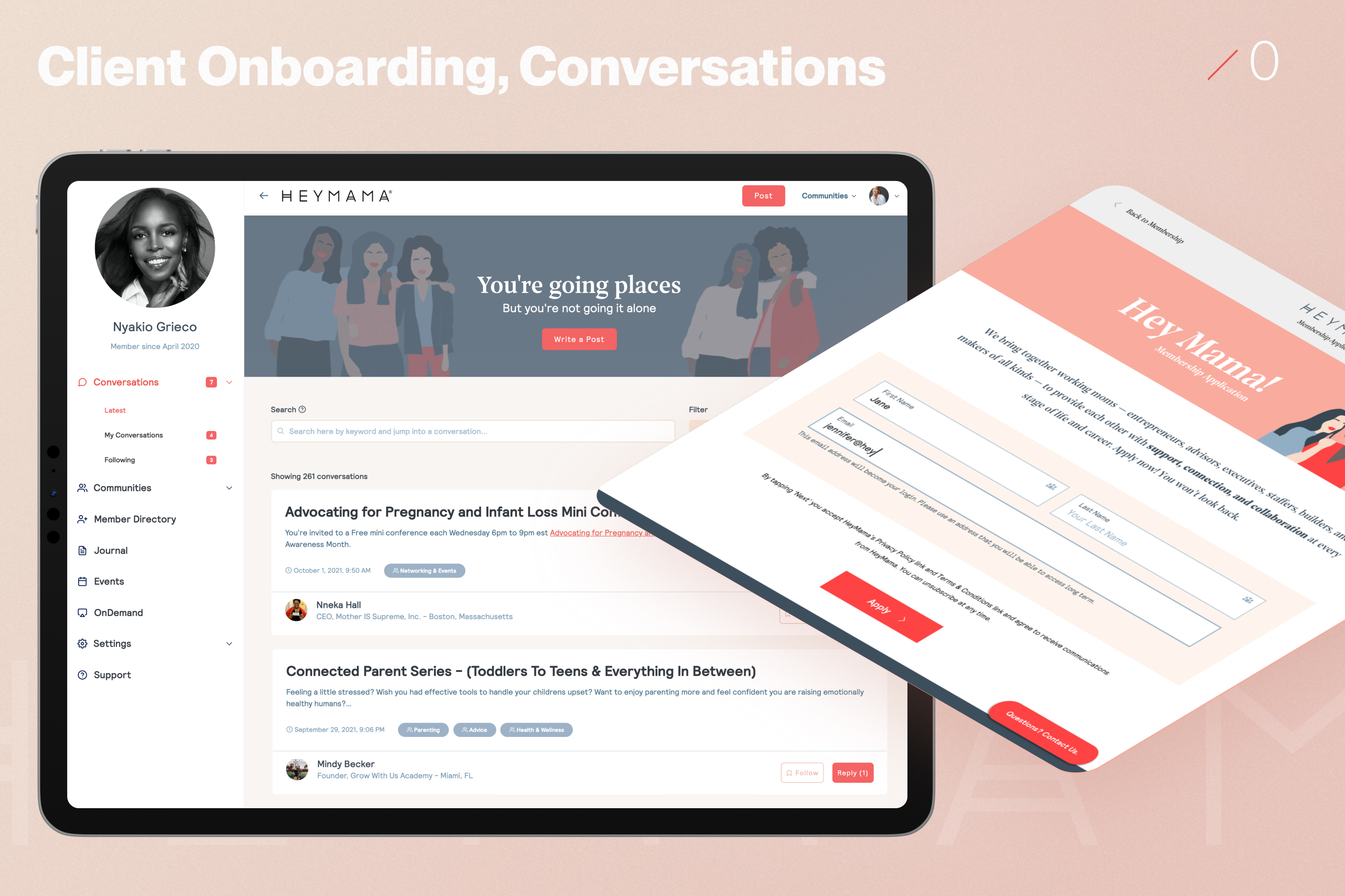 Client onboarding and conversations — membership application, conversations feed
