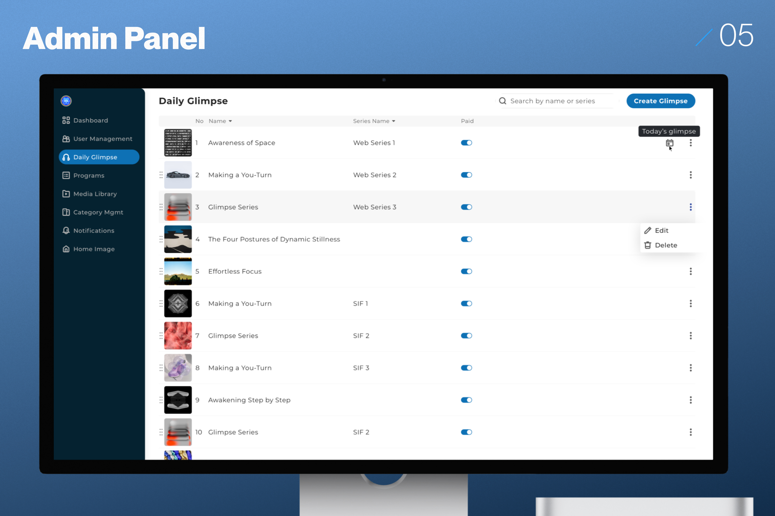 Admin panel — Daily Glimpse management with series, paid toggles and today’s glimpse