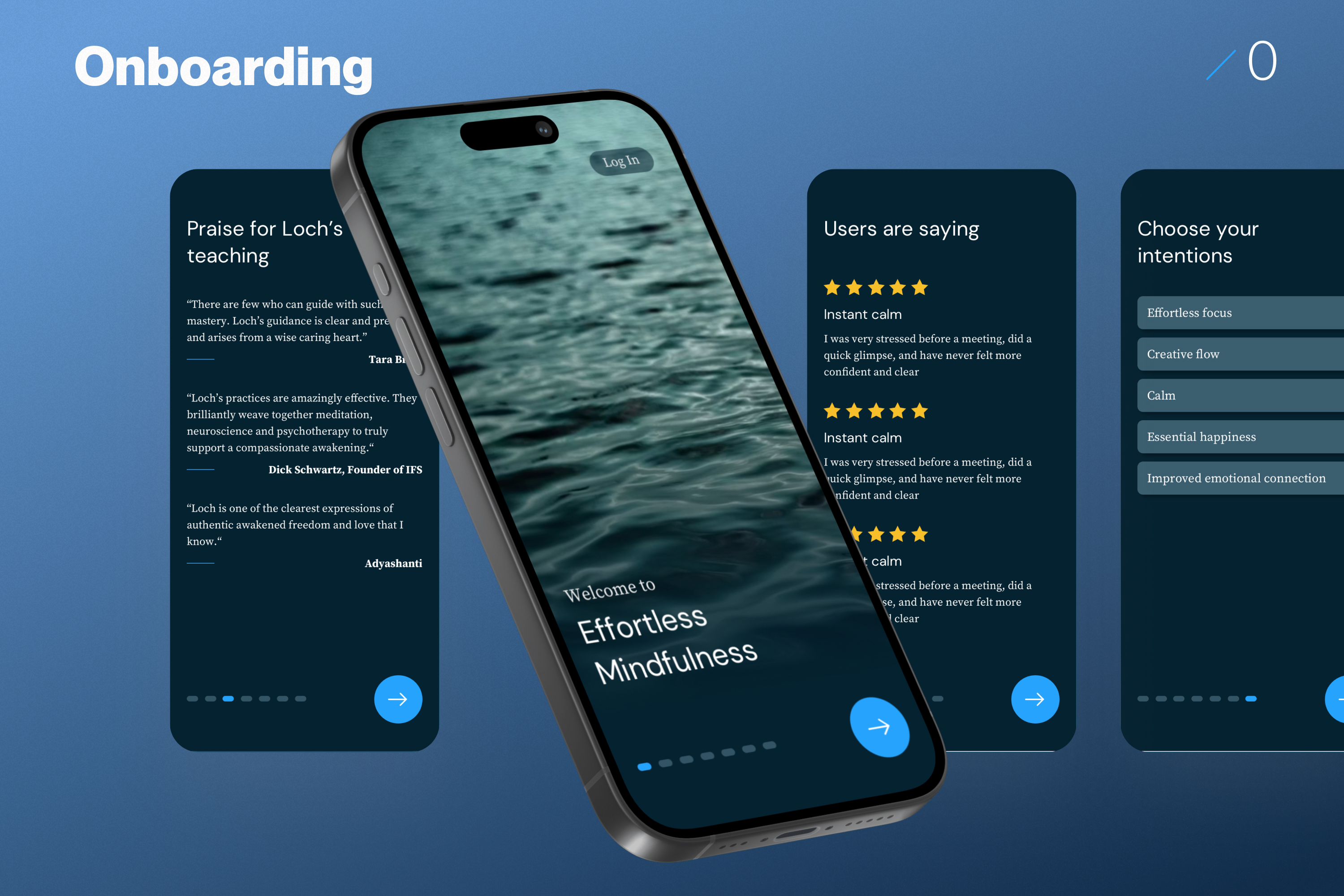 Onboarding — praise for Loch’s teaching, welcome, user reviews, choose your intentions