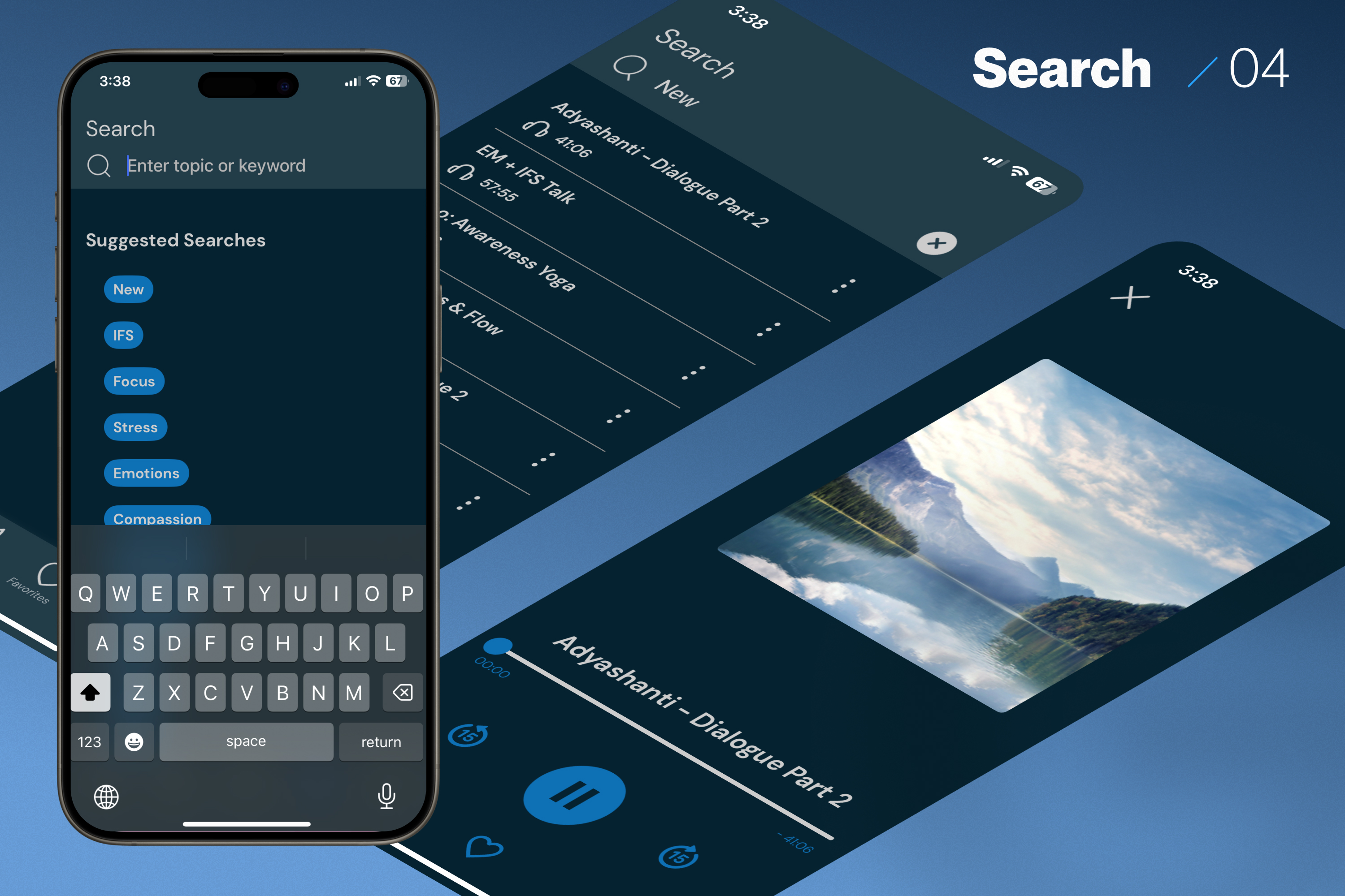 Search — suggested topics, results, player