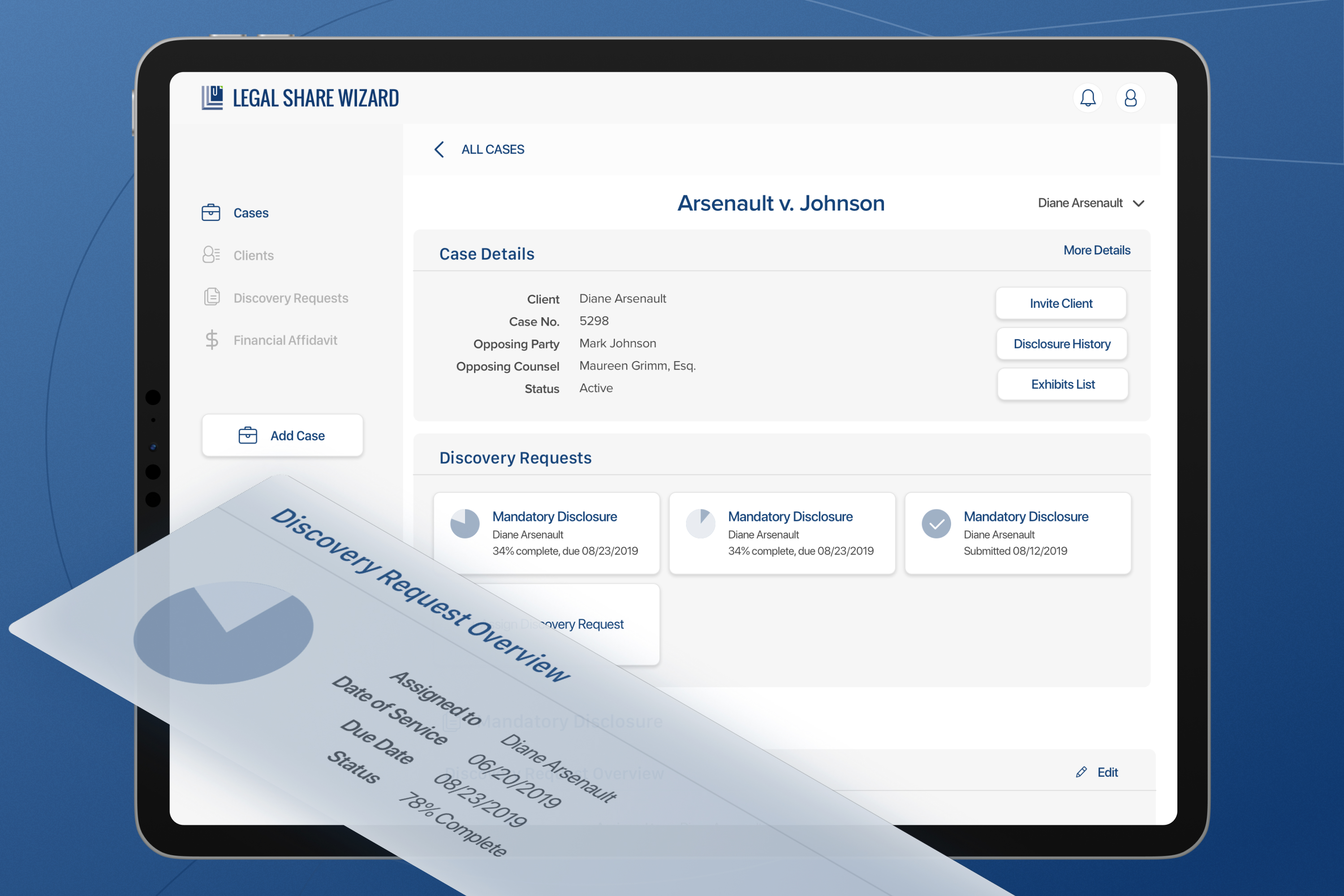 Case detail — case details, discovery requests, discovery request overview
