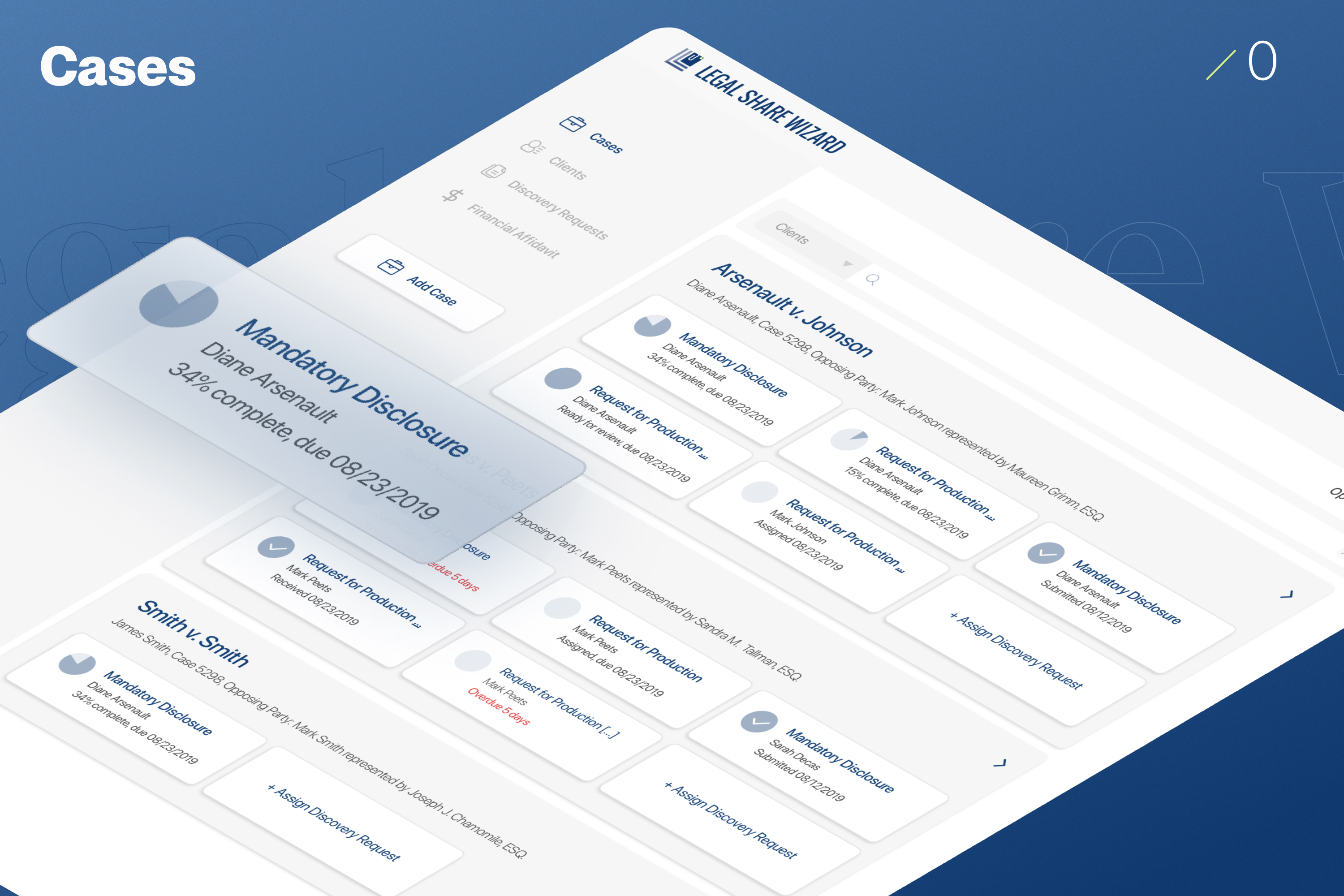 Cases — every open case with its discovery requests and completion status