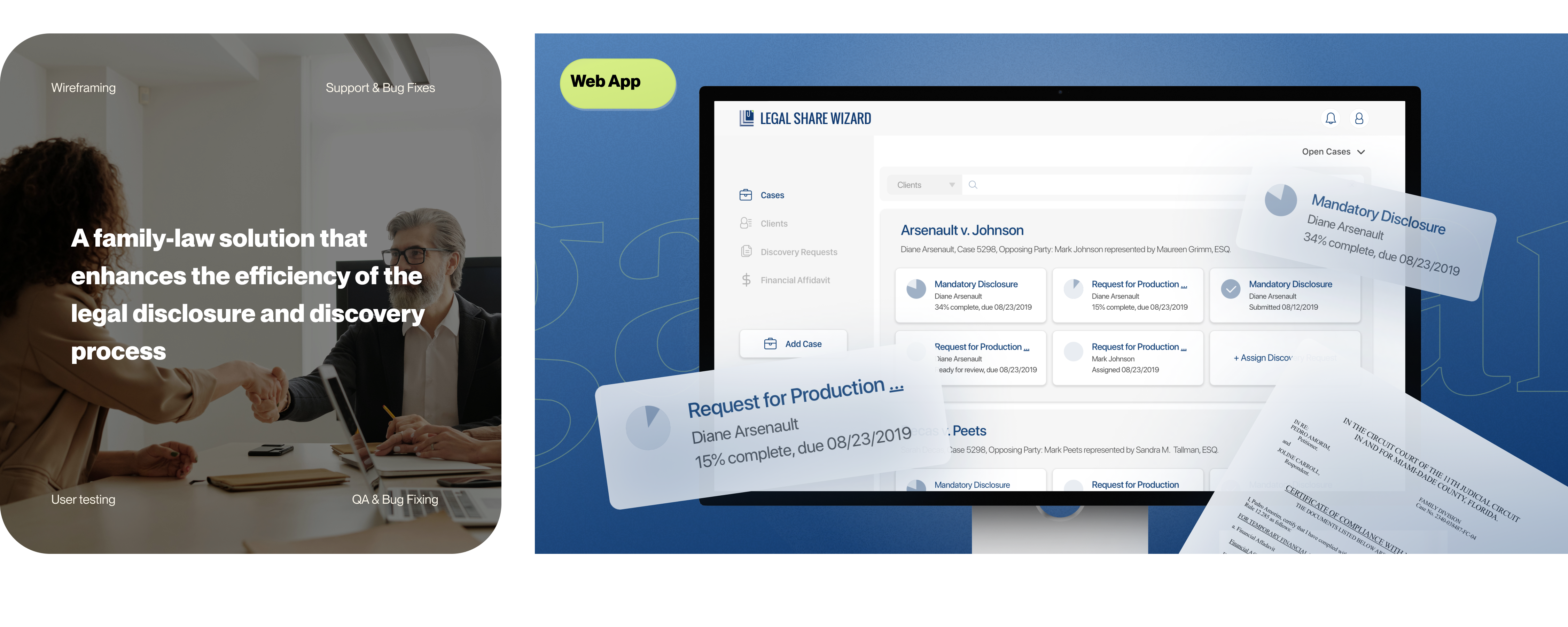 Legal Share Wizard — attorney and client meeting, and the cases dashboard
