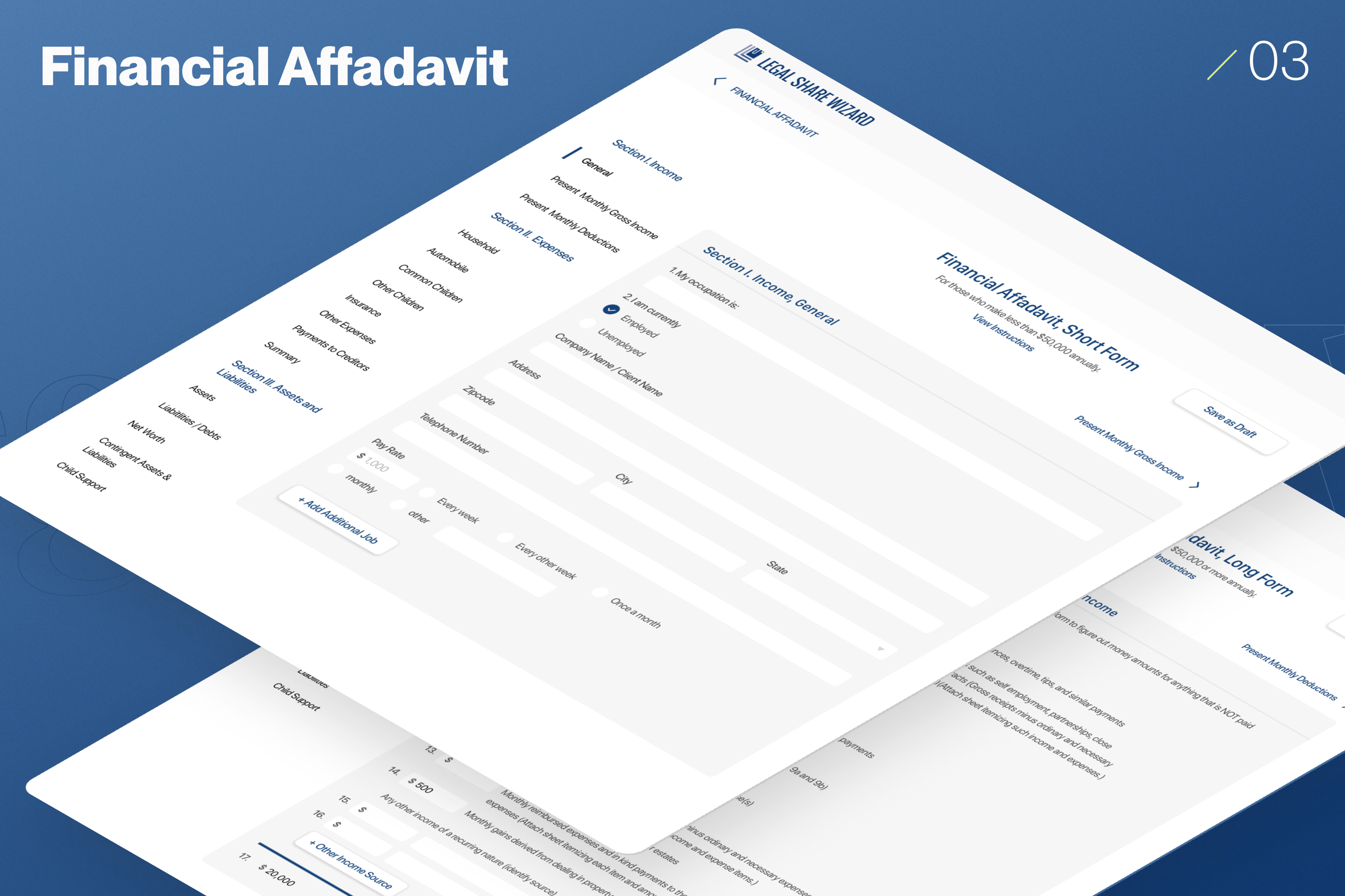 Financial affidavit — short form and long form, sectioned by income, expenses, assets and liabilities