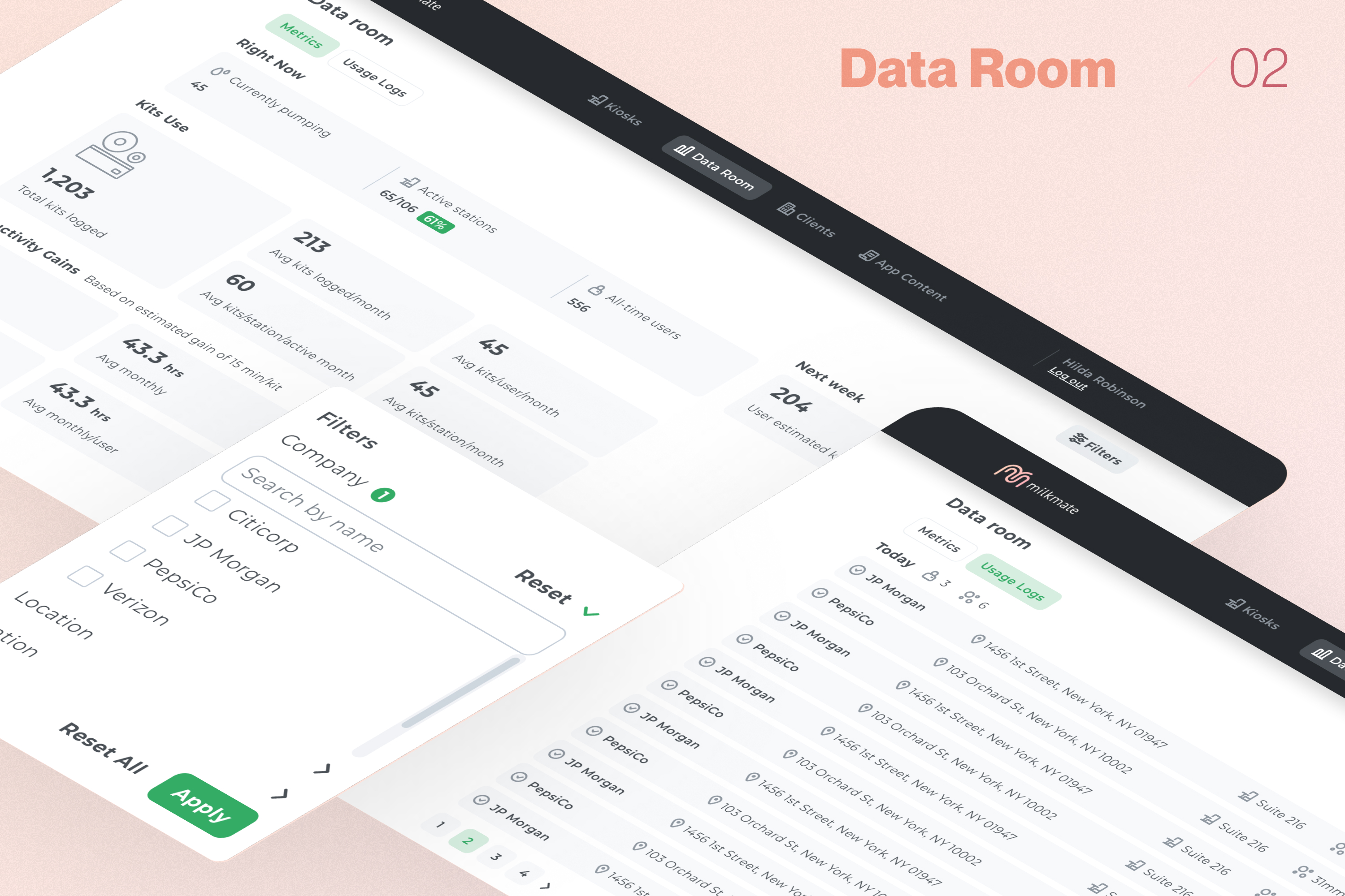 Data room — metrics, usage logs and filters