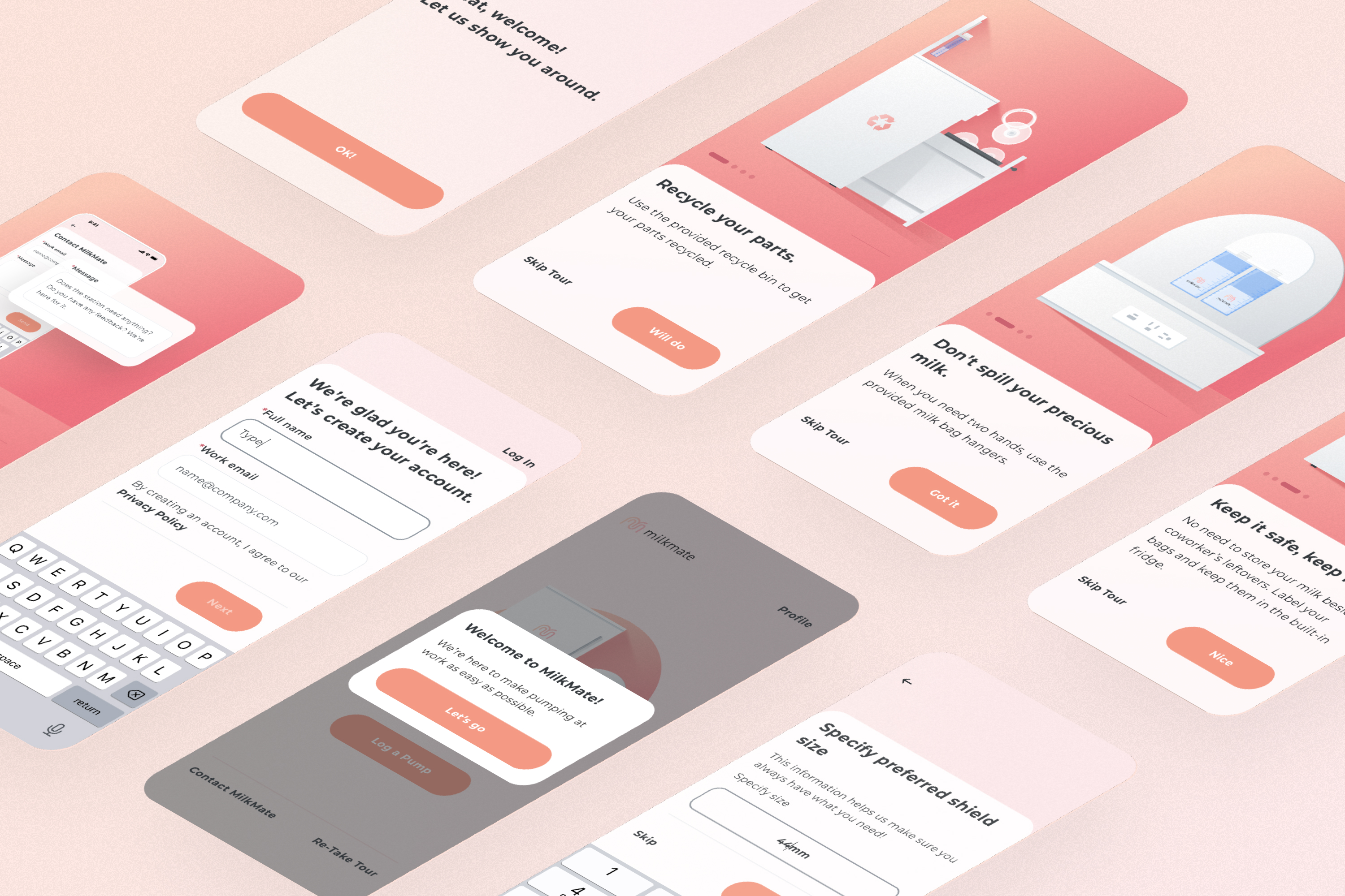 Onboarding tour — account creation, kiosk tips, shield size