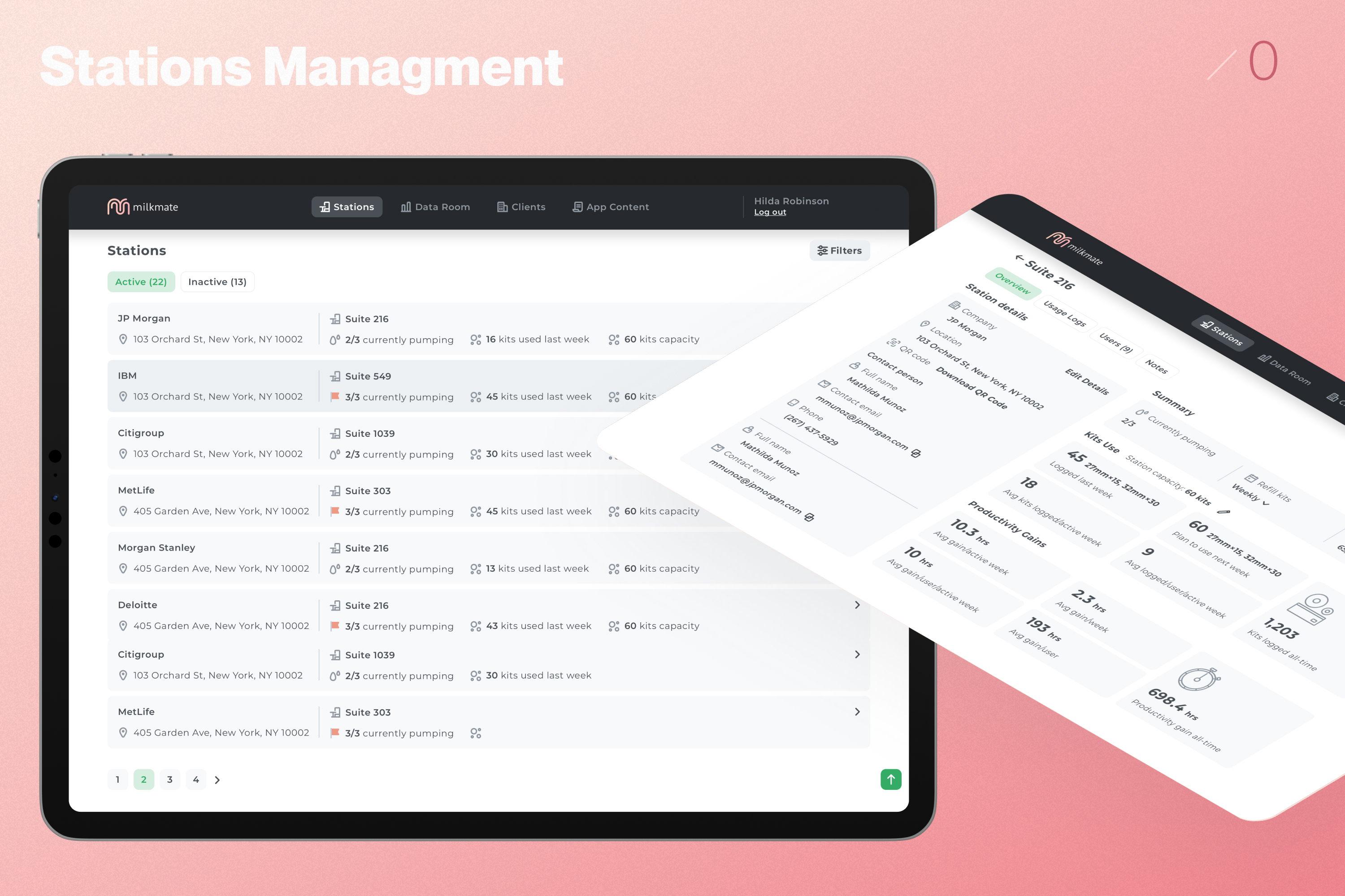 Stations management — active kiosks, station details and summary
