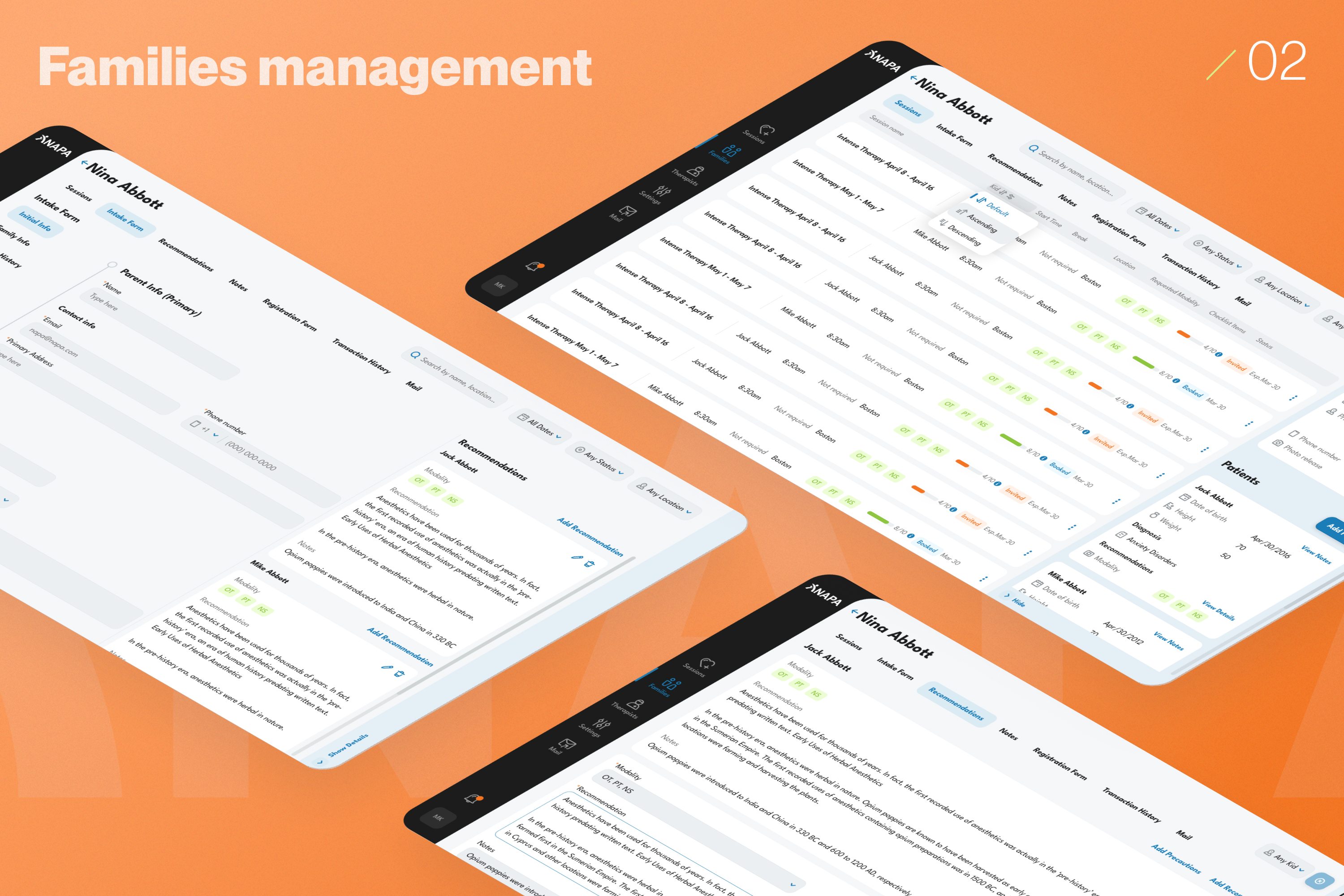 Families management — intake forms, sessions, recommendations and patient details
