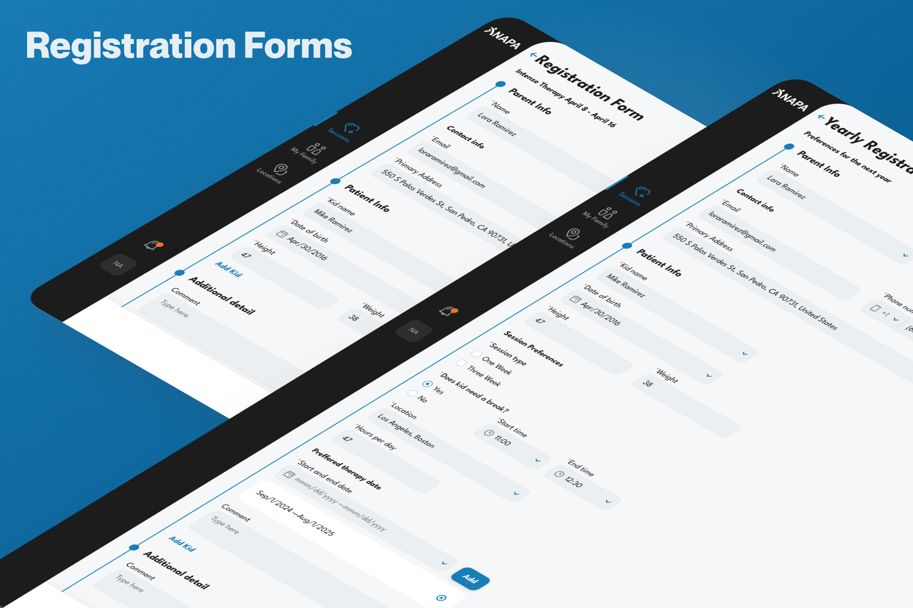 Registration forms — parent info, patient info and session preferences