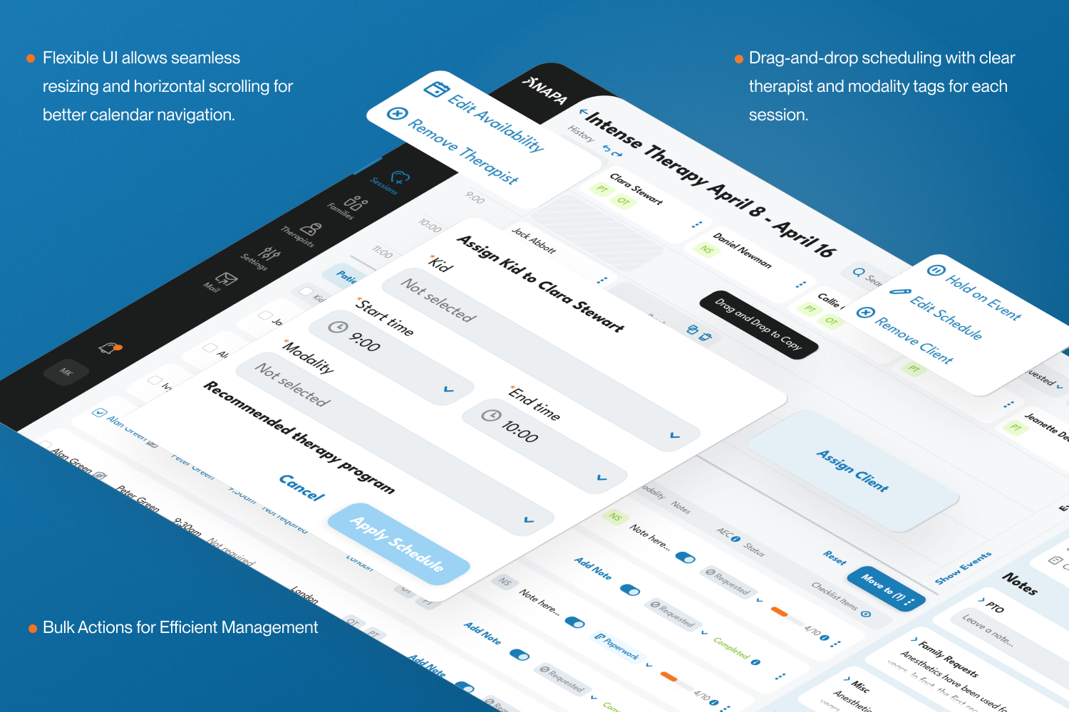 Session scheduling details — drag-and-drop, bulk actions and assign-client modal