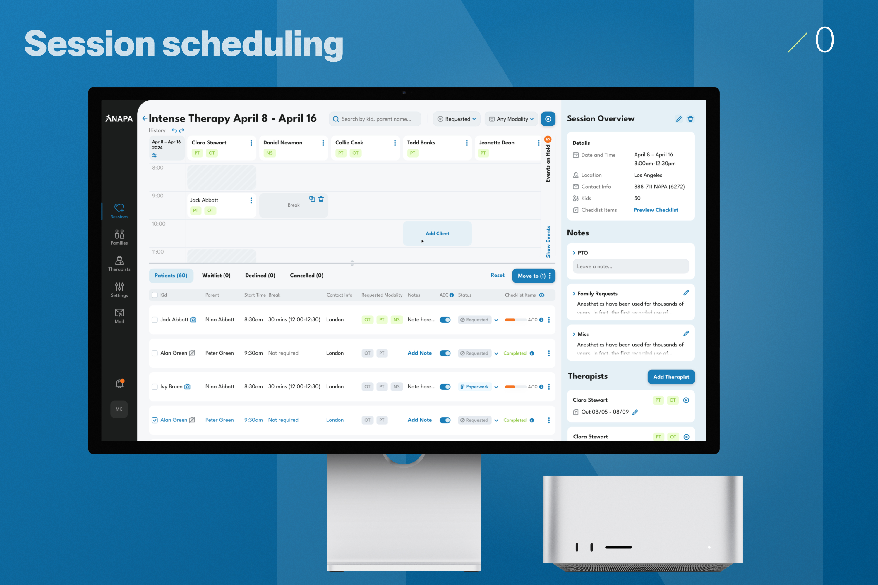 Session scheduling — therapist calendar, patient list and session overview