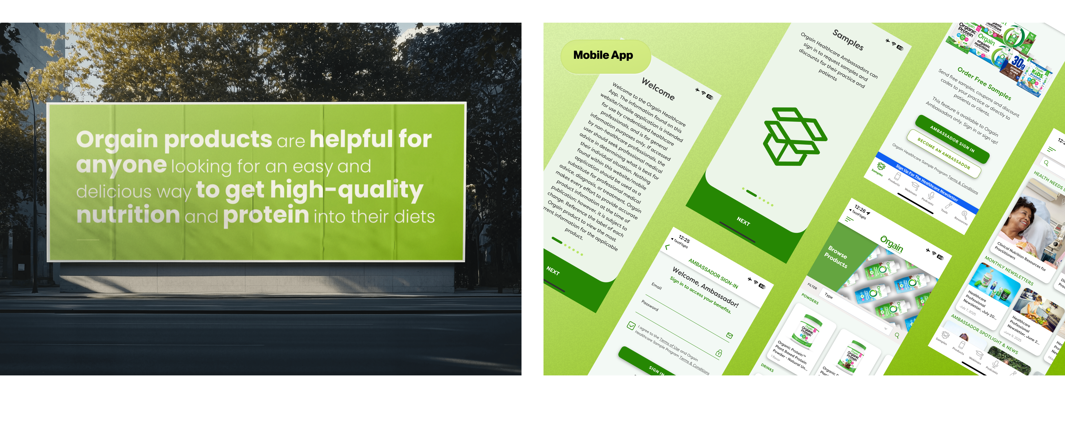 Orgain Healthcare — billboard and mobile app screens