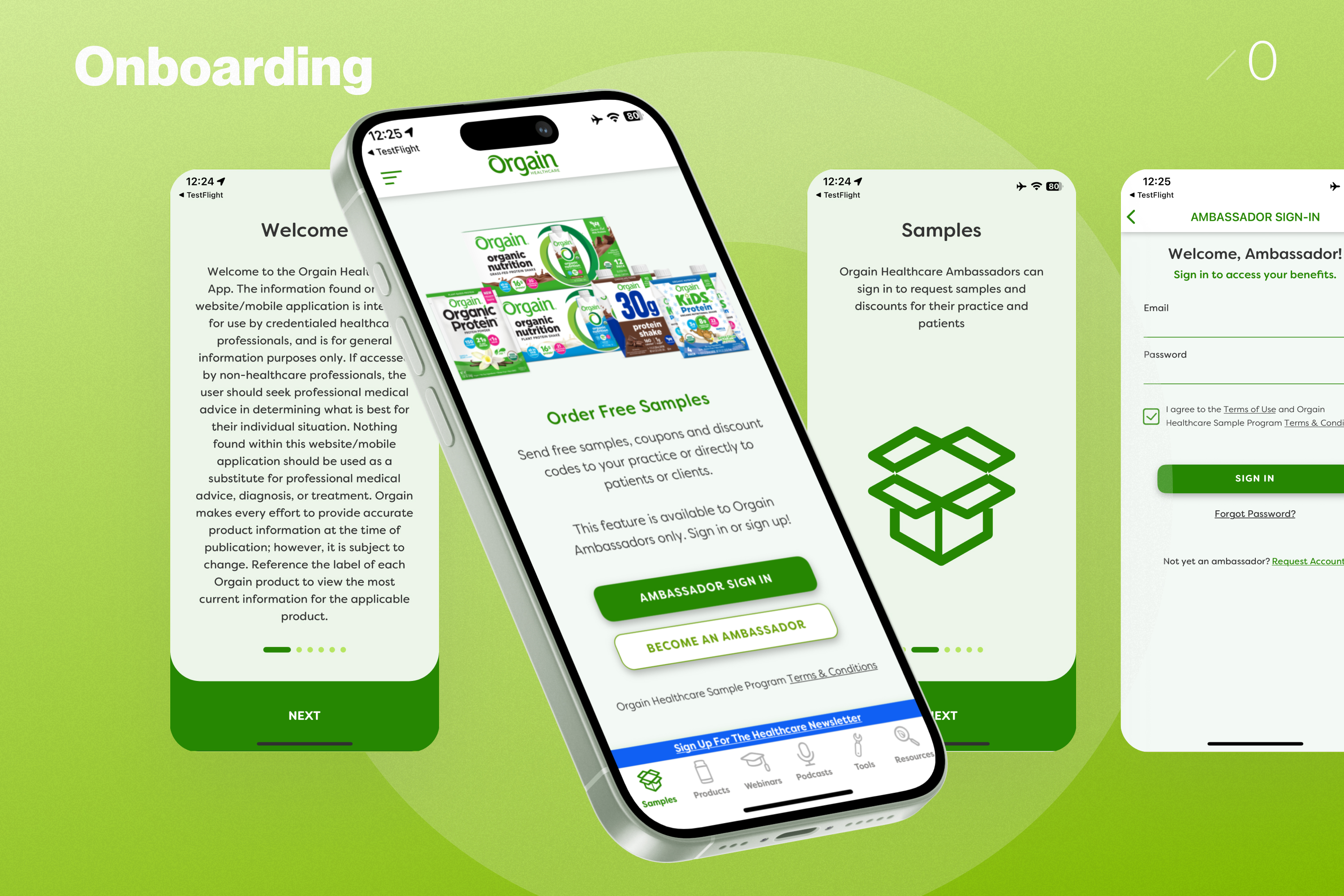 Onboarding — welcome, order free samples, samples, ambassador sign-in