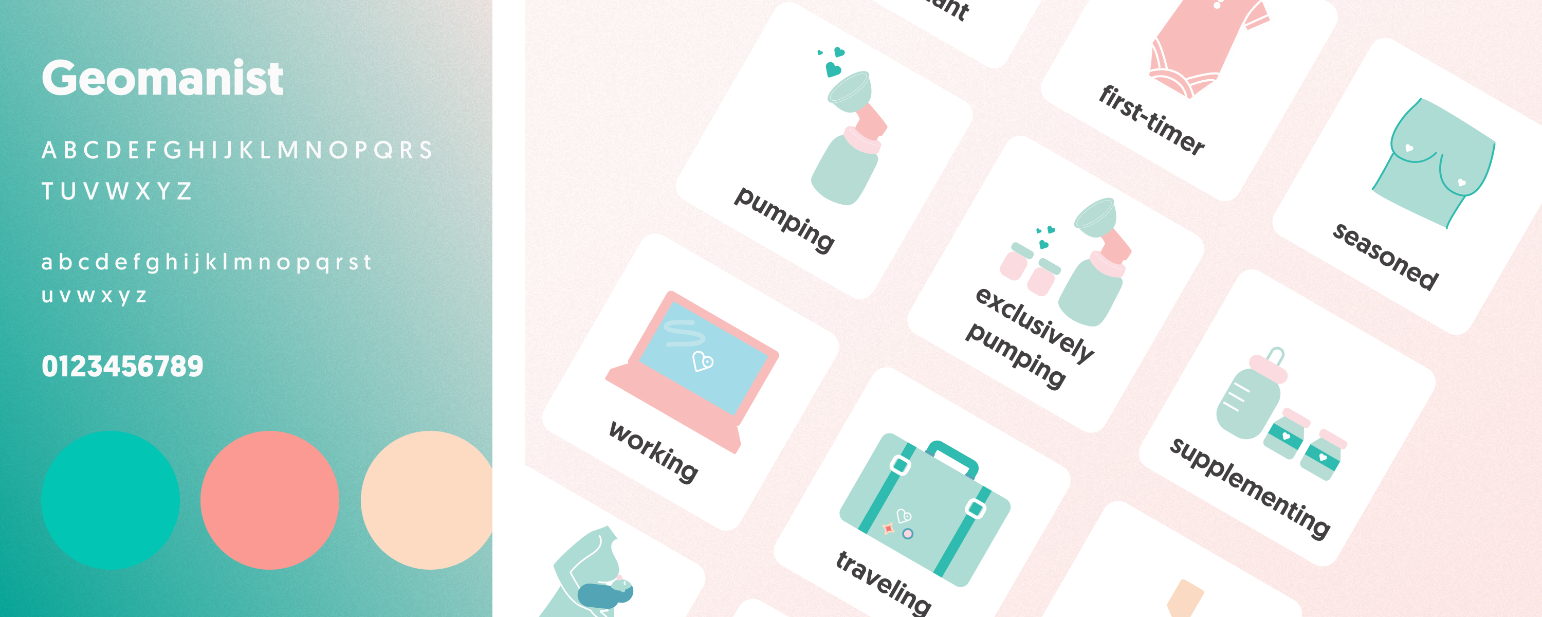 pumpspotting design system — Geomanist type, teal, coral and peach palette, illustrated tags