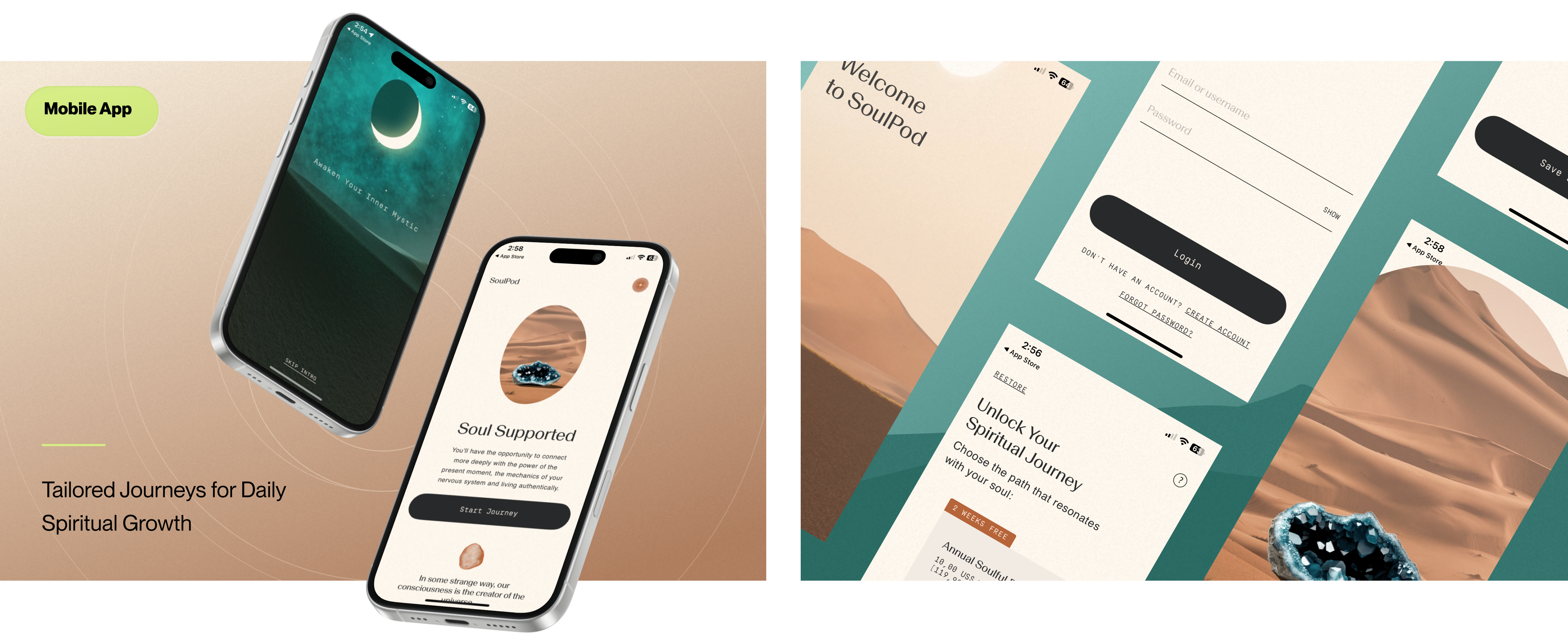 SoulPod app — Awaken Your Inner Mystic, Soul Supported, welcome and login screens