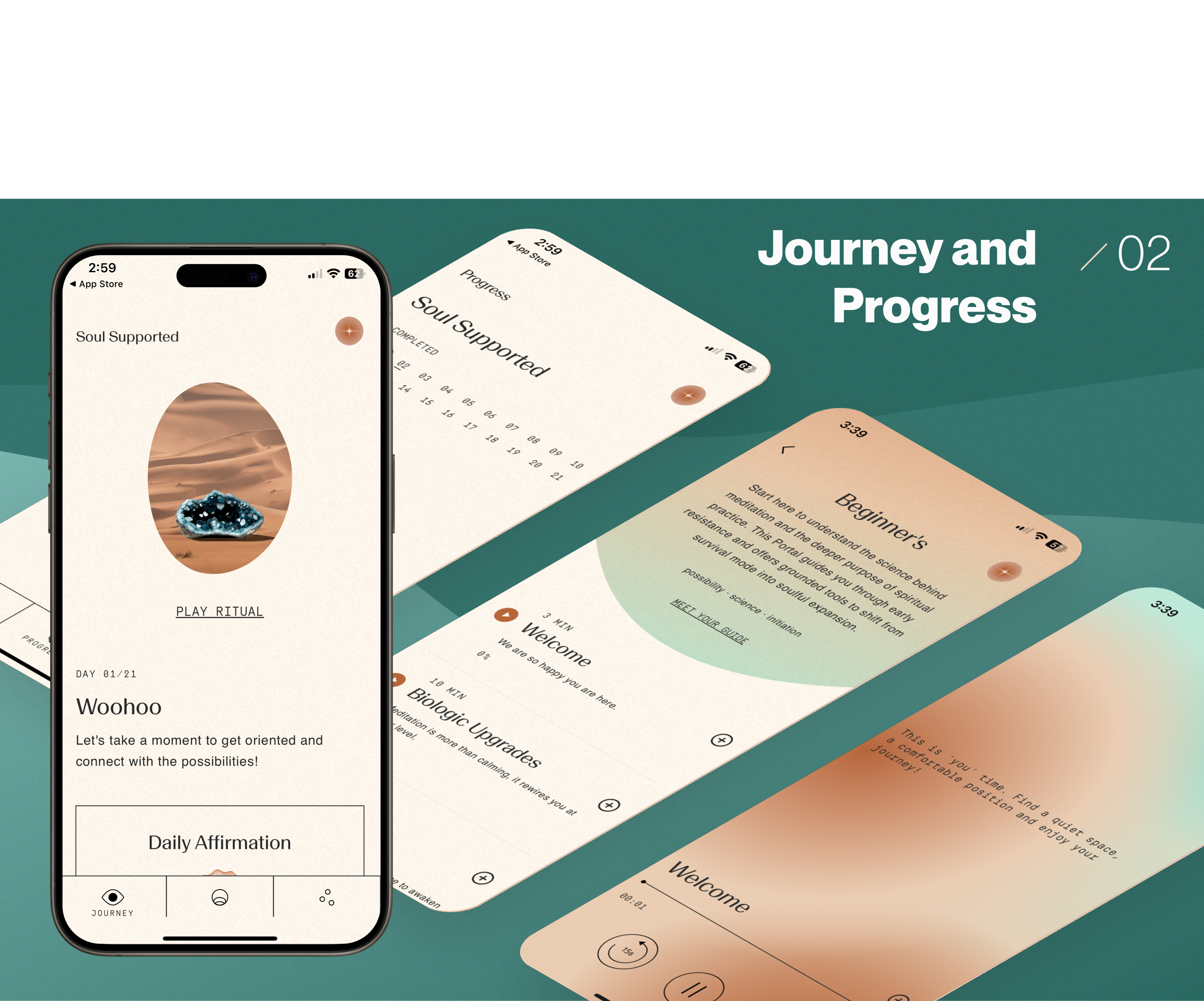Journey and progress — daily ritual, 21-day progress, Beginner’s Portal, meditation player