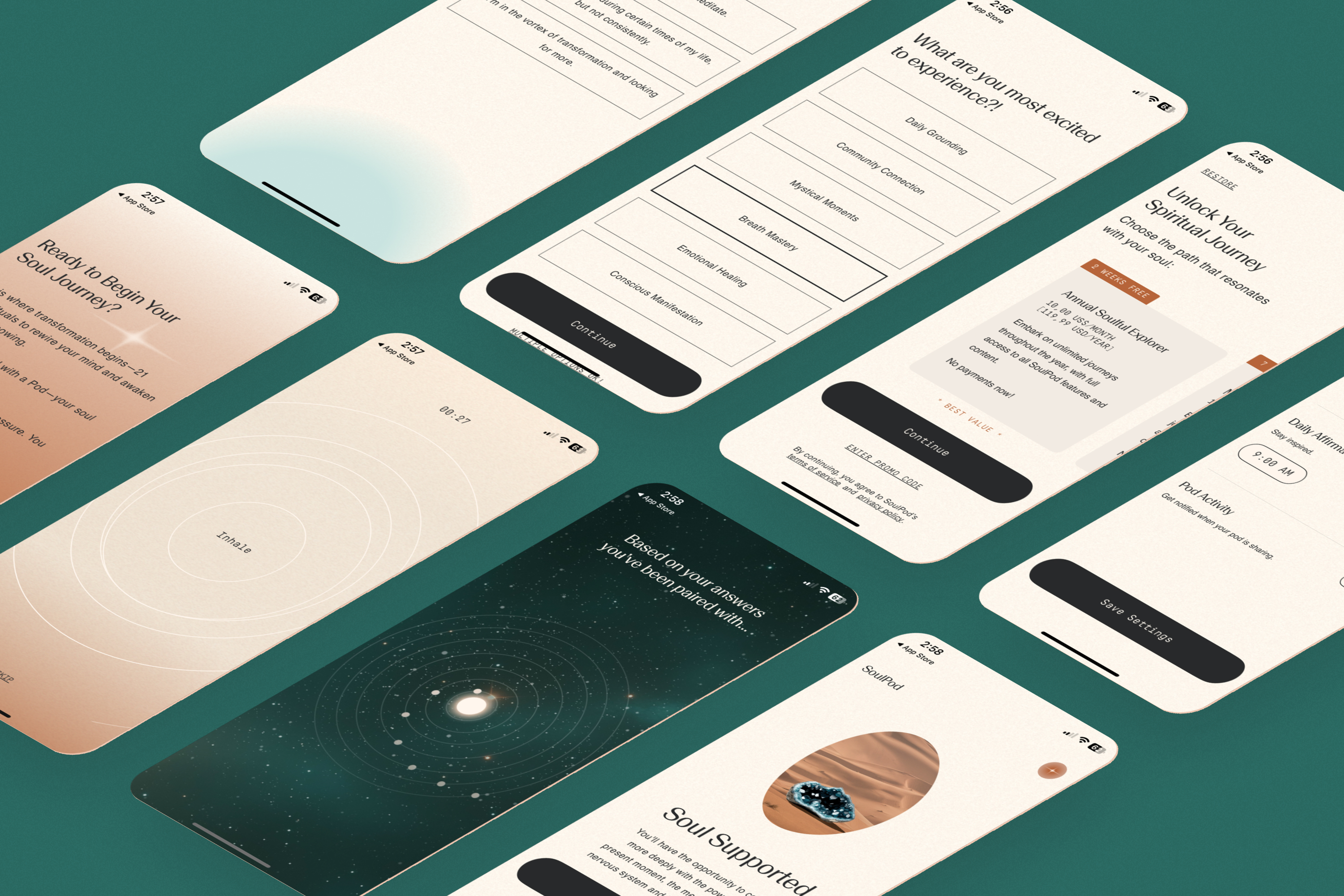 Onboarding — quiz, breathwork, pairing with a Pod, subscription, notification settings